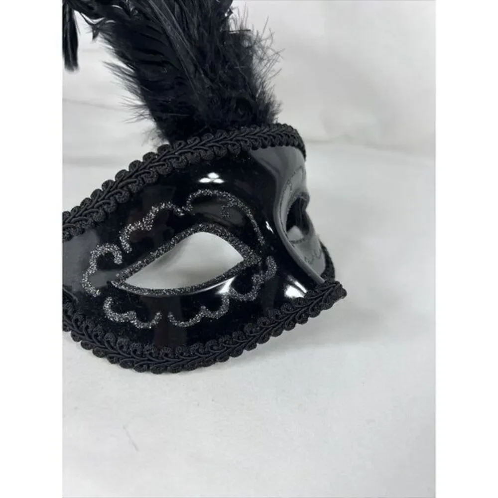 Black And Silver Mardi Gras Feather Mask Masquerade Sequins‎ Sparkle